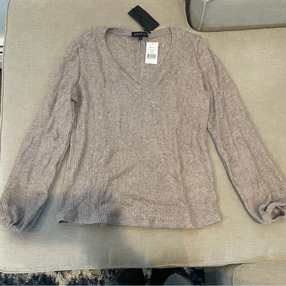 Waffle puff sleeve sweater medium